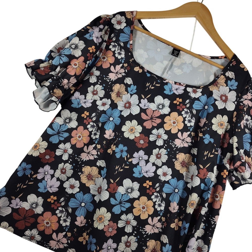 SHEIN Curve Floral Square Neck Puff Sleeve Blouse Black Plus Size 4XL